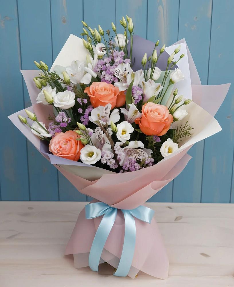 Букет цветов из: Лизиантусы, Розы, Альстромерии и Гипсофила в Ельне