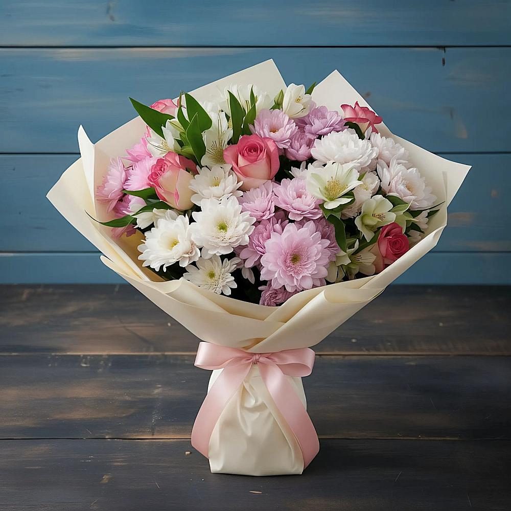 Букет цветов из: Хризантемы, Альстромерии и Розы в Ельне